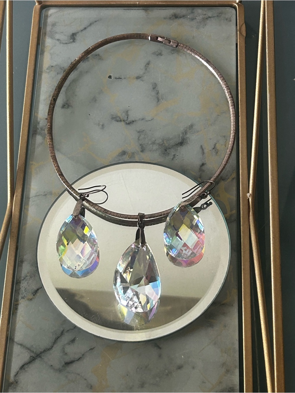 Aurora Borealis Vintage Large Crystal Bead Necklace and Earrings Set Silver